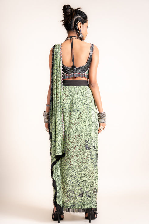 Pre-Draped Sari With Blouse Set